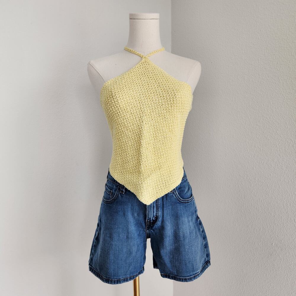 Y2K Yellow Cotton Crochet Halter Top Backless Tie Open Back Handkerchief Hem S